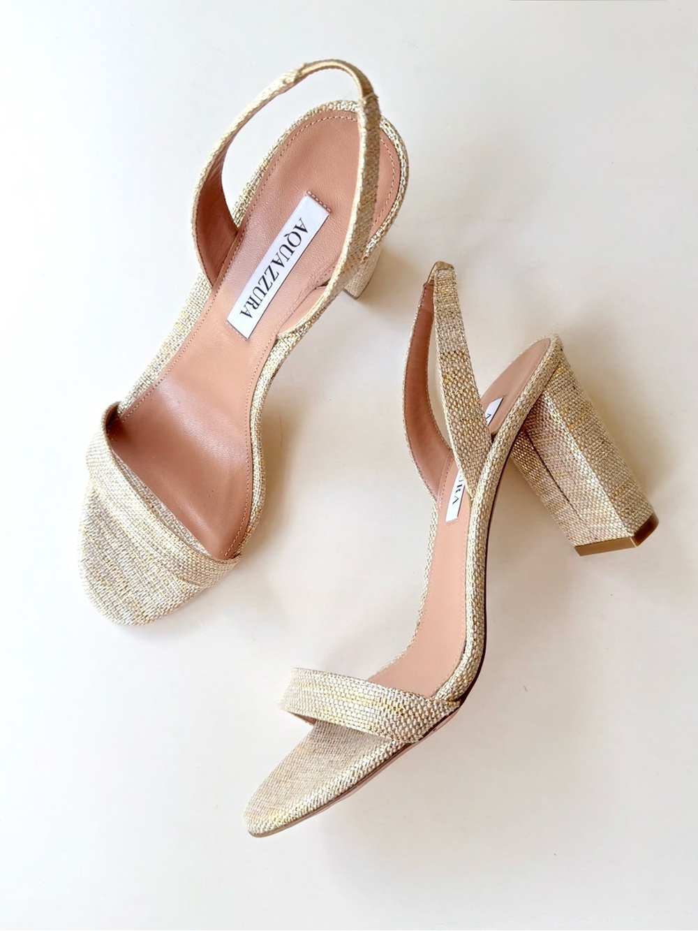 NWOB Aquazzura So Nude 85MM Metallic Sandals Woven Textile Gold Leather 39 $695
